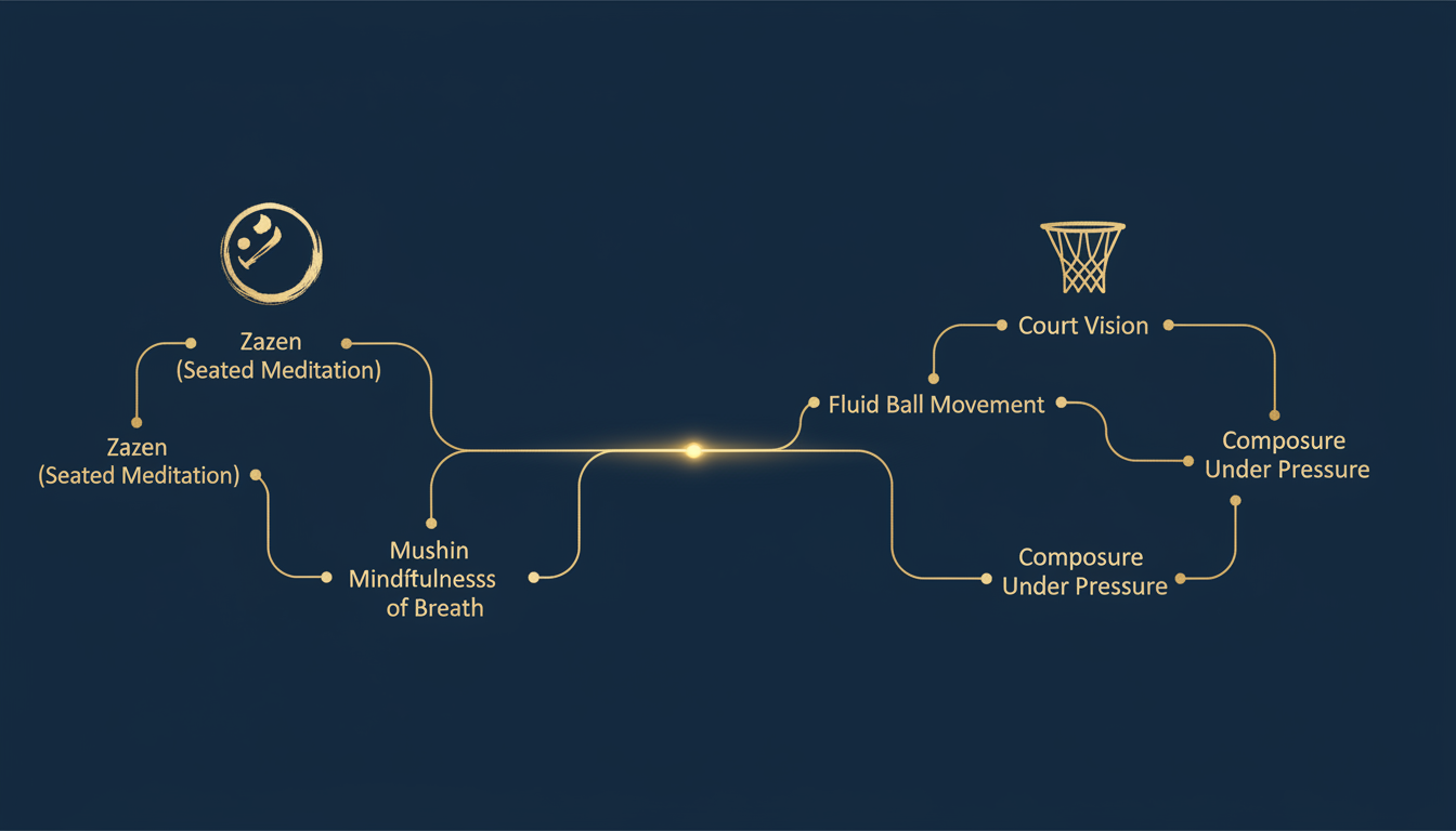 Ilustración técnica de un diagrama de flujo que conecta conceptos de meditación Zen con tácticas de baloncesto, estilo minimalista, líneas doradas sobre fondo azul profundo.