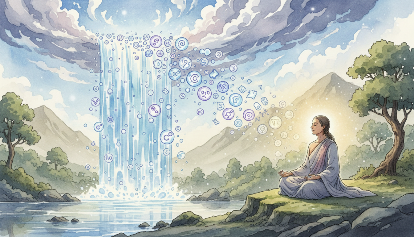 Una representación artística de una cascada de agua donde cada gota es un pensamiento, y un observador sentado en la orilla mirándola sin mojarse, simbolizando el desapego mental.