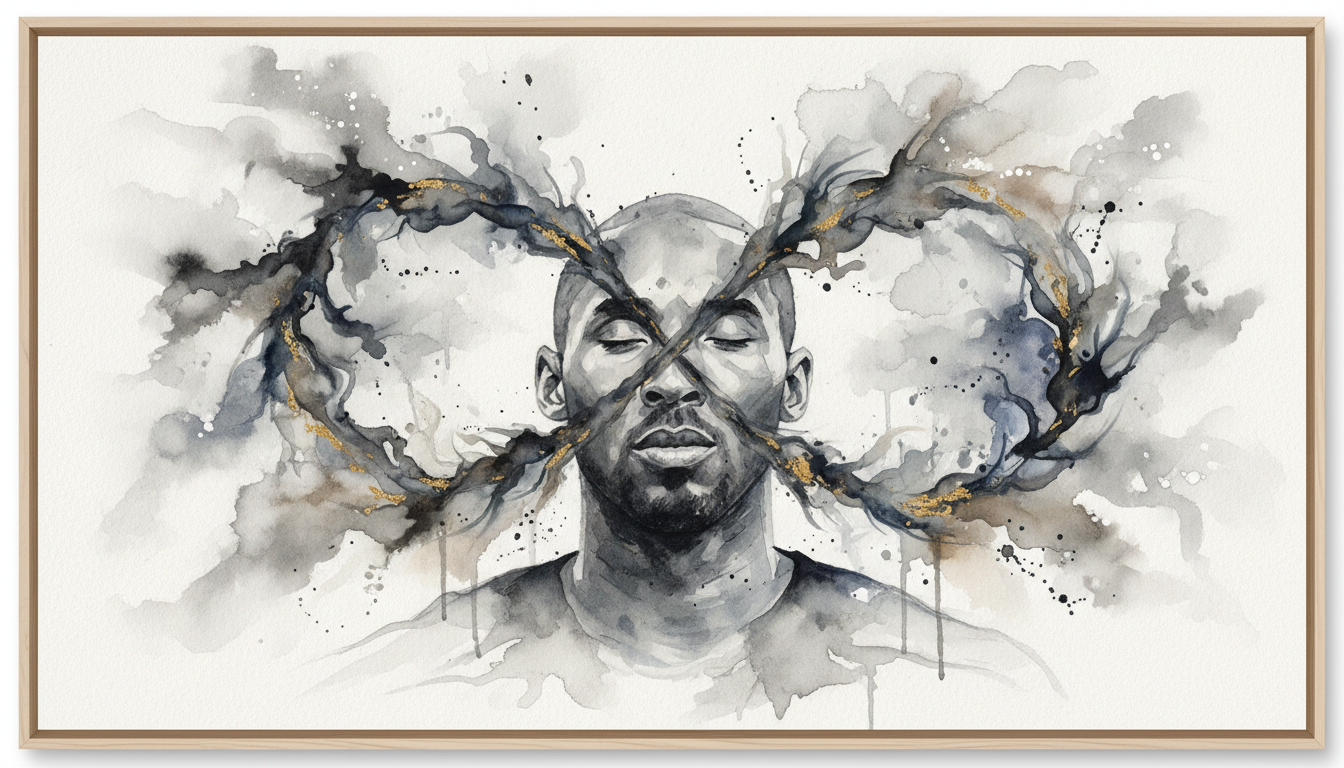 Retrato artístico de Kobe Bryant en blanco y negro, con los ojos cerrados en un momento de introspección antes de un partido, rodeado por una estela de humo que forma el símbolo del infinito.