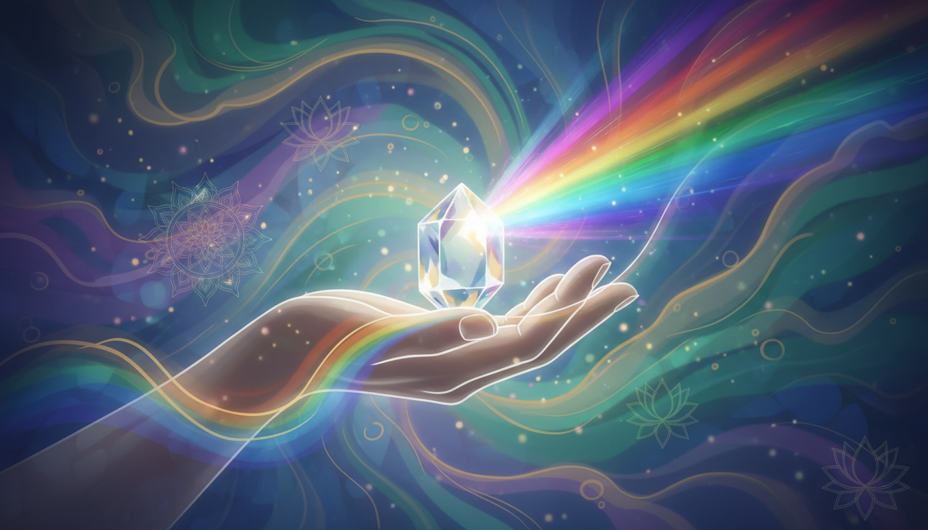 Una mano humana sosteniendo un cristal transparente que refracta la luz en un espectro de colores, simbolizando la claridad y la multifacética naturaleza de la mente meditativa.