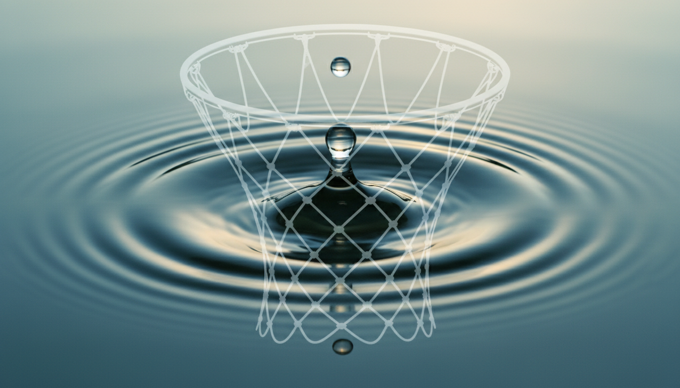 Fotografía macro de una gota de agua cayendo en un lago en calma absoluta, creando ondas concéntricas perfectas; superpuesto, el contorno sutil de una red de baloncesto.