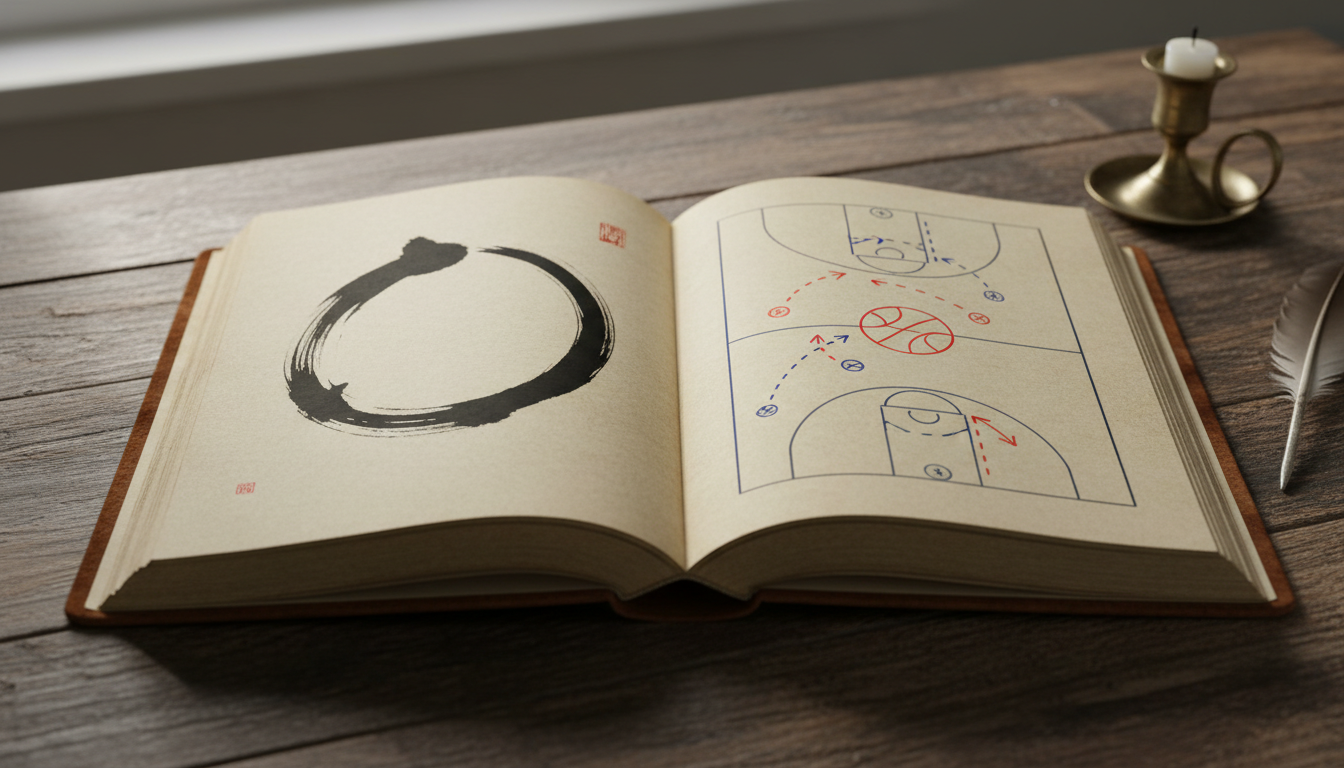 Un libro antiguo de tapas de cuero abierto sobre un escritorio de madera rústica; en una página se ve un caligrama japonés del círculo Enso y en la otra, un esquema de jugada de baloncesto dibujado a mano.