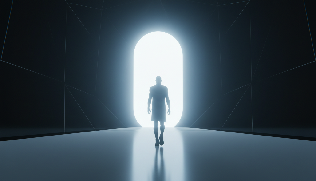 Imagen conceptual de un jugador de baloncesto visto desde atrás, caminando hacia un túnel de luz blanca; su silueta es nítida y está rodeada por un aura de tranquilidad, estilo minimalista y etéreo.