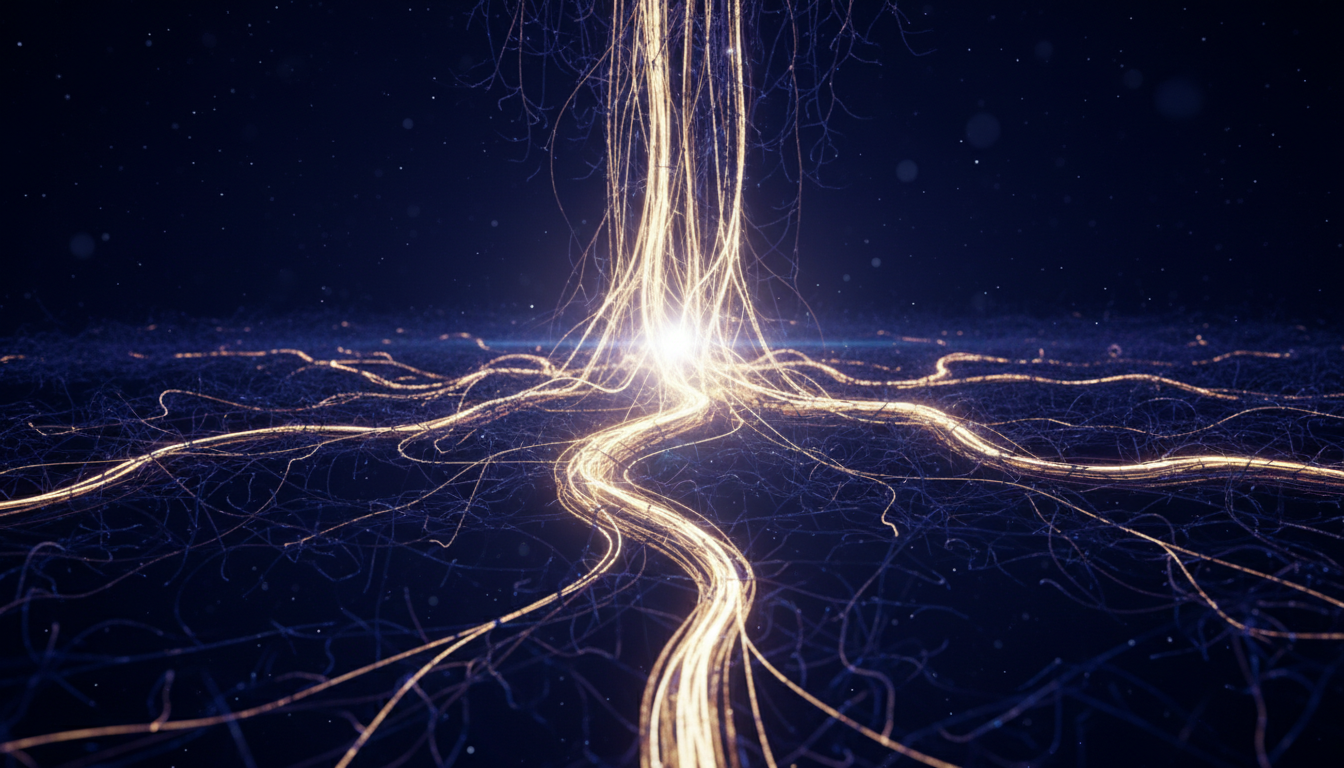 Una representación artística de una red neuronal donde los caminos están iluminados intensamente, rodeados de un espacio oscuro y tranquilo, simbolizando la formación de mielina y el enfoque láser en el cerebro.