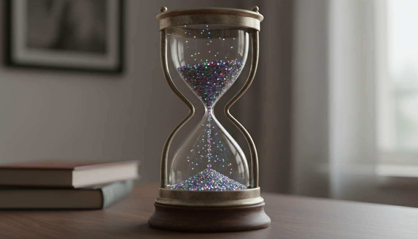 Un primer plano de un reloj de arena donde la arena fluye muy lentamente, pero cada grano es una joya brillante, simbolizando la calidad del tiempo en Deep Work.
