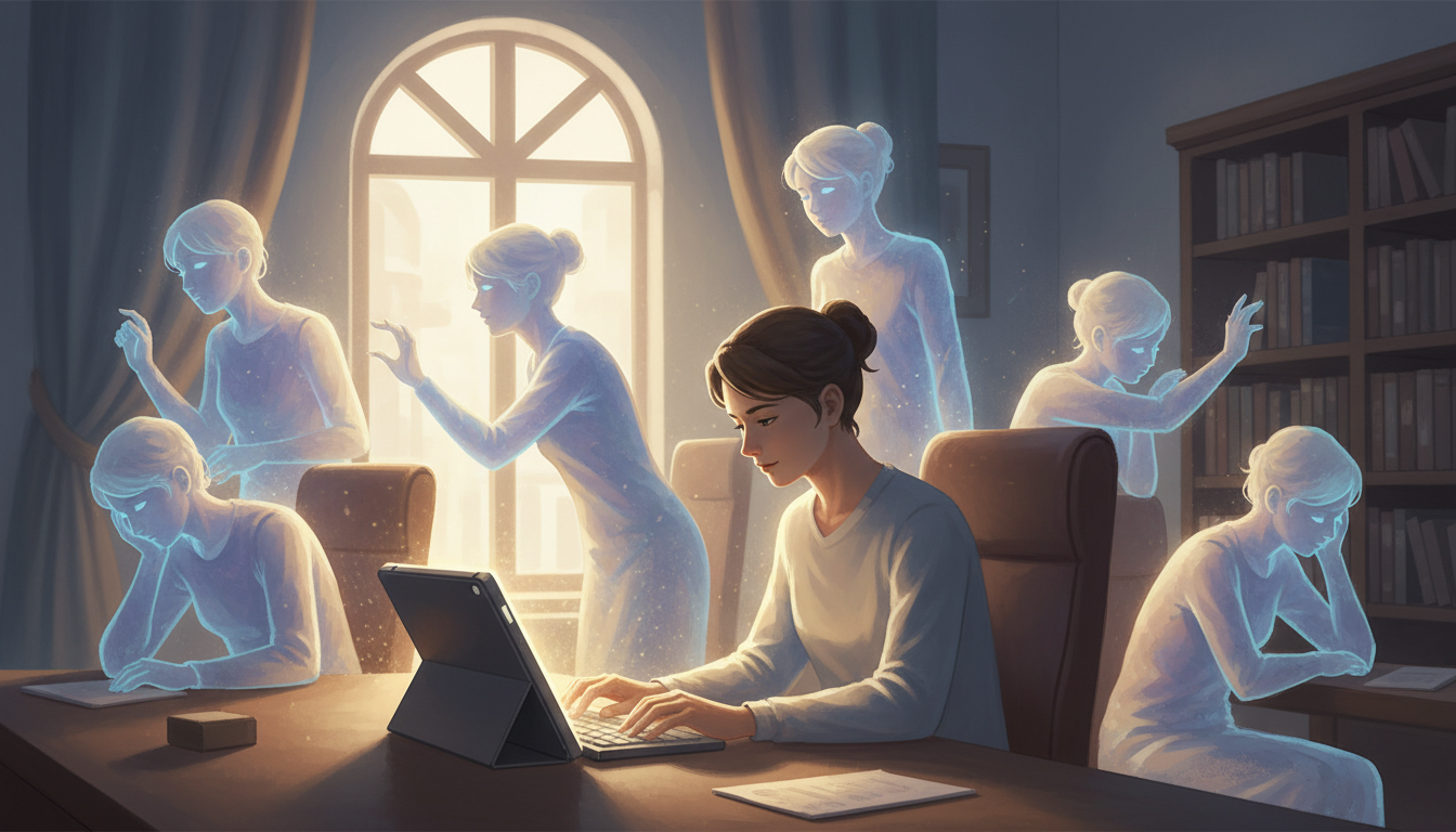 Una ilustración de una persona sentada frente a un escritorio, con múltiples