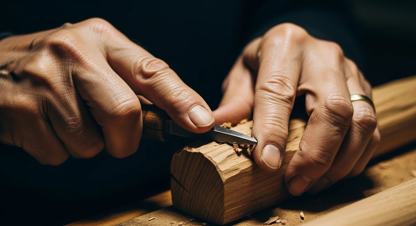 Un primer plano de las manos de un anciano artesano trabajando madera. Textura de la piel y la madera muy detalladas. Luz natural suave, tonos marrones y ocres. Composición minimalista que evoca paciencia y presencia absoluta. Estética Leica M6.