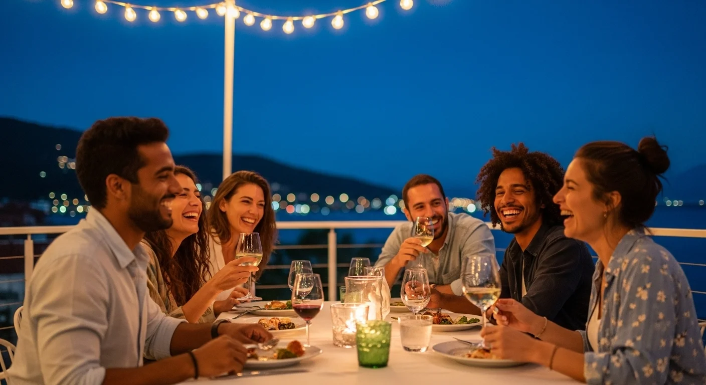 Un grupo diverso de amigos cenando en una terraza de noche. Risas genuinas, movimiento borroso (motion blur) que sugiere dinamismo y alegría. Iluminación de guirnaldas de luces, bokeh artístico en el fondo. Colores cálidos y vibrantes.