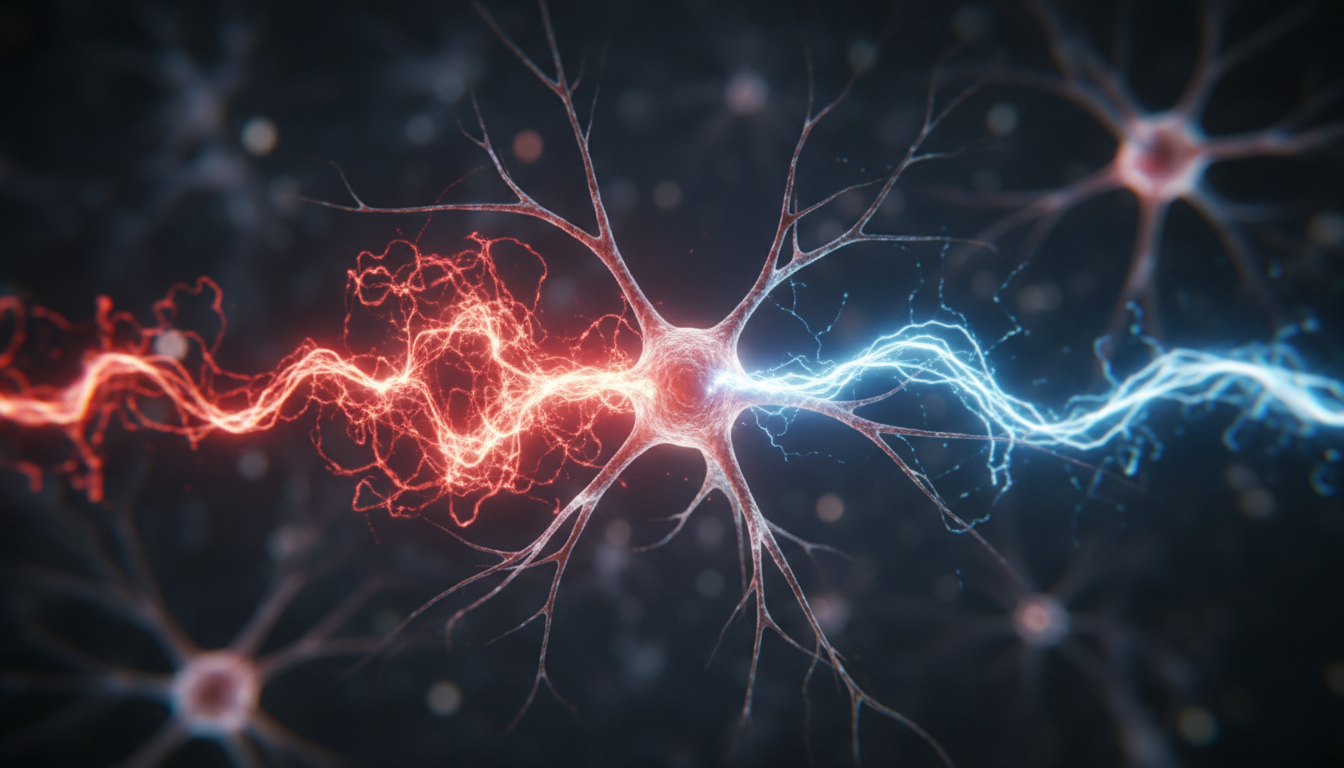 Primer plano macro extremo, fotografía clínica abstracta. Una neurona disparando un impulso eléctrico brillante. El impulso se bifurca en dos caminos: uno rojo ardiente y caótico que representa la ira reactiva, y otro azul eléctrico, ordenado y fluido, que representa la regulación consciente. Profundidad de campo muy baja, lente 50mm f/1.2.