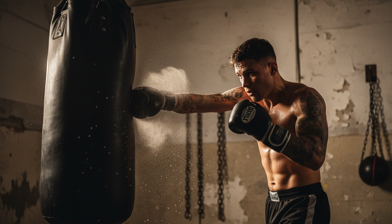 Fotografía de acción estilo documental deportivo. Un boxeador golpeando un saco pesado en un gimnasio oscuro y arenoso. El impacto deforma el saco, polvo volando. La expresión es de pura meditación cinética, sin ira, solo ejecución técnica perfecta. Iluminación lateral dramática.