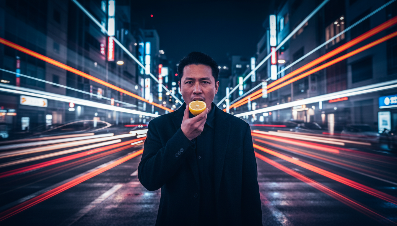 Fotografía artística de larga exposición. Una calle de Tokio de noche, luces de coches convertidas en líneas de neón. En el centro, una figura humana nítida y estática, sosteniendo un limón cortado por la mitad cerca de su boca. Contraste entre velocidad del entorno y enfoque sensorial inmediato.