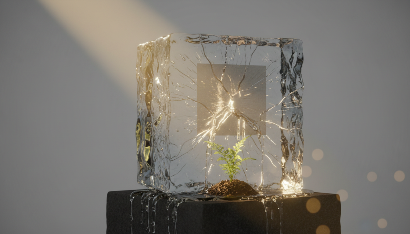 Fotografía conceptual de estudio. Un bloque de hielo sólido derritiéndose bajo un rayo de luz solar cálida y enfocada. El agua que gotea riega una pequeña planta verde que crece debajo. Fondo neutro gris suave. Iluminación 