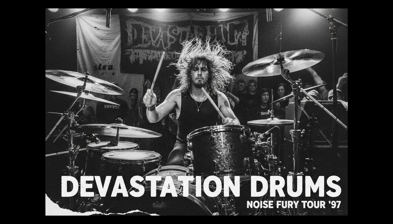 Fotografía en blanco y negro de alto contraste. Un baterista de banda de metal en pleno concierto, baquetas desenfocadas por la velocidad, cabello volando. Captura la energía cruda y la trance. Estética de revista de música underground de los 90.