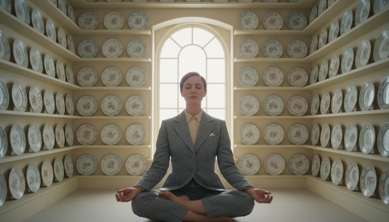 Plano general simétrico, estilo cinematográfico de Wes Anderson. Una persona sentada en posición de loto perfecto en el centro de una habitación. Las paredes están cubiertas de estanterías con platos de porcelana intactos y coloridos. La persona tiene una expresión de serenidad absoluta y ojos cerrados. La luz es suave, difusa y pastel. Transmite el control total y la preservación de la armonía.