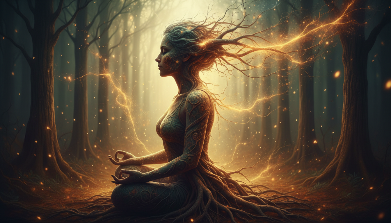 Composición artística de doble exposición, el perfil de una persona meditando superpuesto con imágenes de raíces de árboles y redes neuronales, colores tierra y dorados, visualizando la conexión mente-cuerpo-tierra, estilo etéreo y cinematográfico.