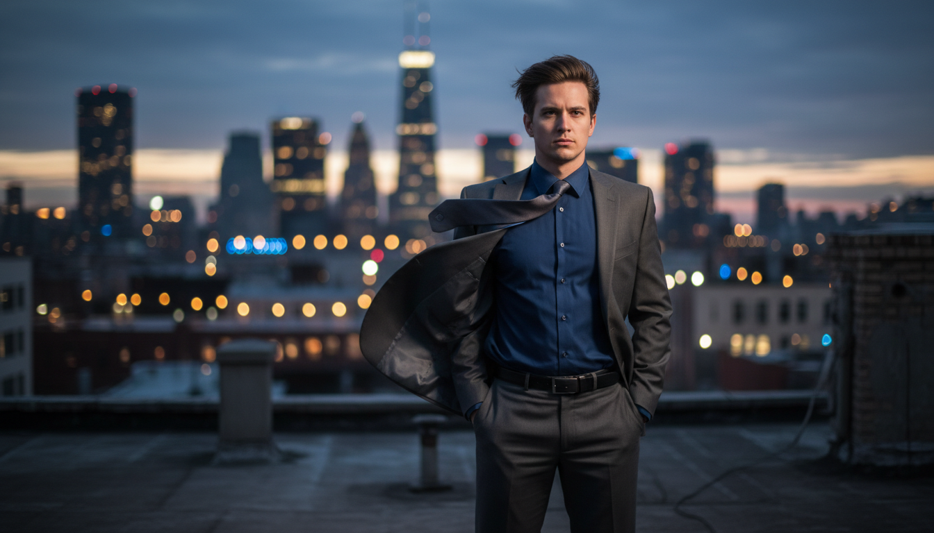 Retrato psicológico conceptual. Una persona vestida de traje de negocios en una azotea ventosa, mirando el horizonte de la ciudad. Su postura es de poder, no de sumisión. El viento agita su ropa violentamente, pero su rostro transmite una calma estoica y depredadora.