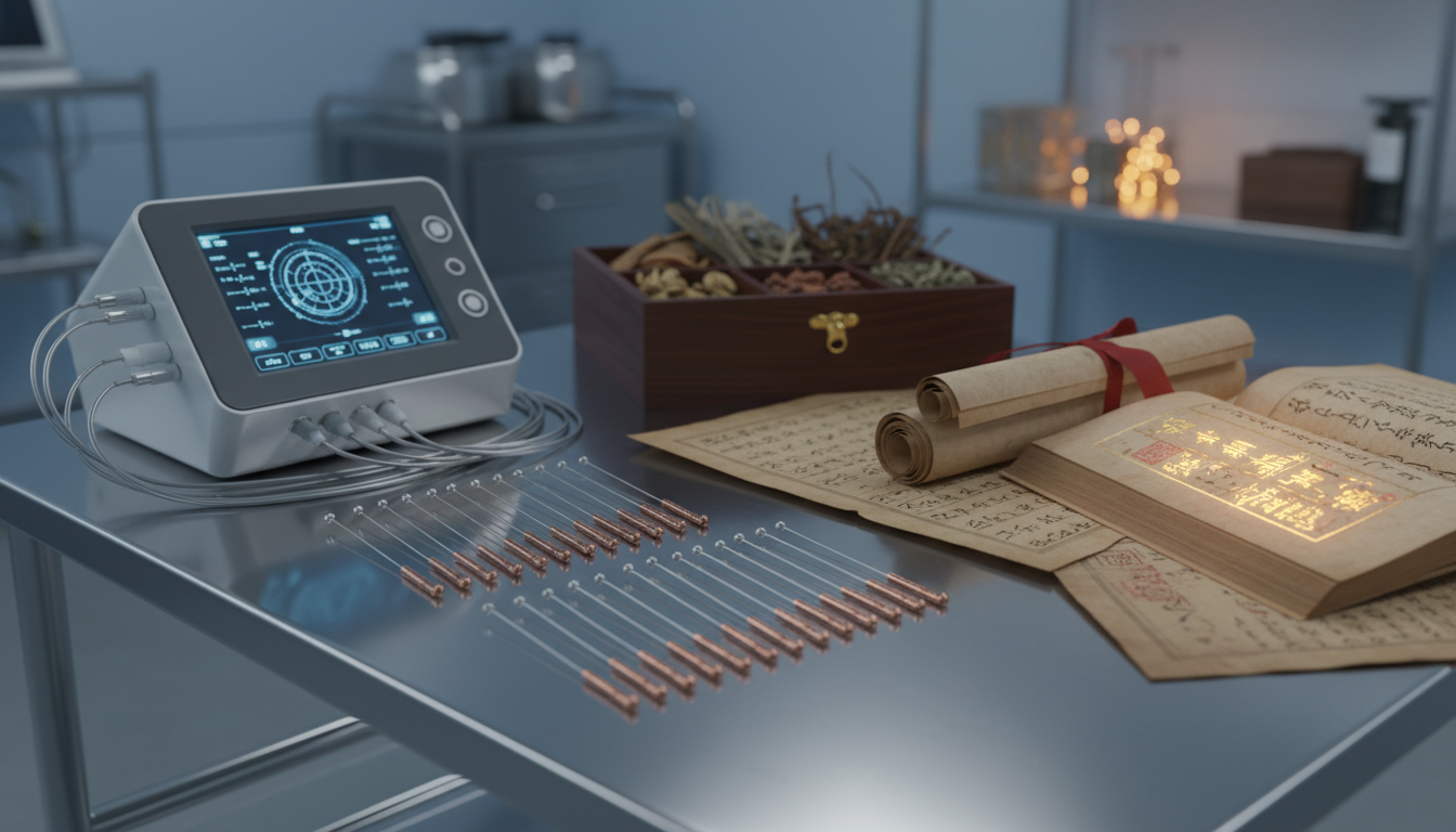 Plano detalle de tecnología médica avanzada junto a agujas de acupuntura y textos antiguos, sobre una mesa de metal estéril, contraste entre lo antiguo y lo ultra-moderno, iluminación clínica fría con un toque de calidez en los objetos tradicionales, alta definición.