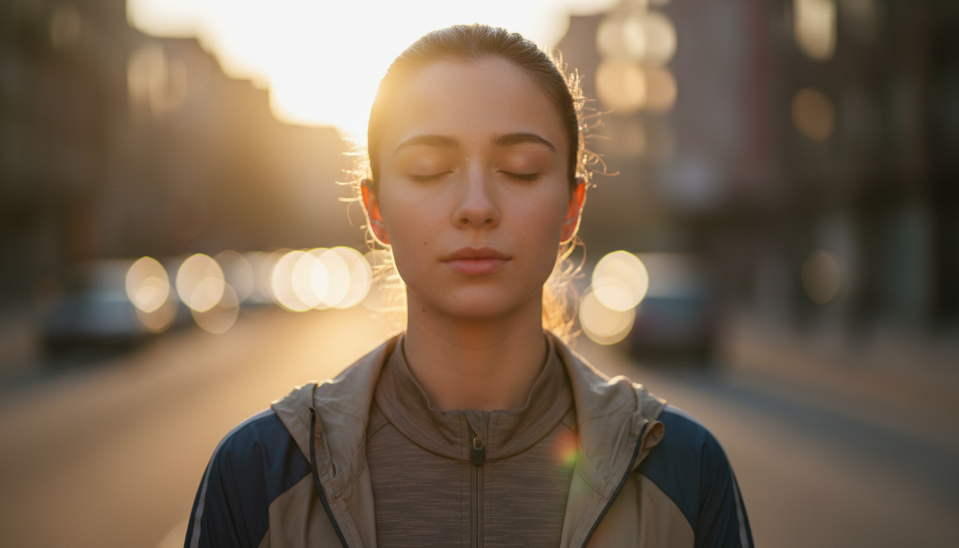 Retrato frontal de una persona joven con ropa deportiva moderna, ojos cerrados, expresión de paz profunda, fondo urbano desenfocado (bokeh), luz dorada del atardecer iluminando su rostro, estilo fotografía de retrato editorial, 85mm.