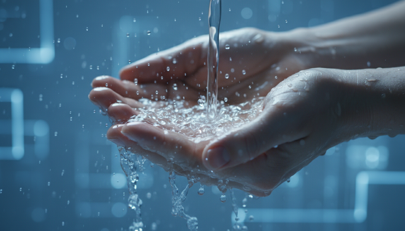 Fotografía macro hiperrealista de unas manos bajo un chorro de agua cristalina. El agua golpea la piel y se fragmenta en miles de microgotas congeladas en el tiempo. La iluminación es azulada y blanca, transmitiendo una sensación de pureza clínica y claridad mental extrema. Estilo visual zen-tech.