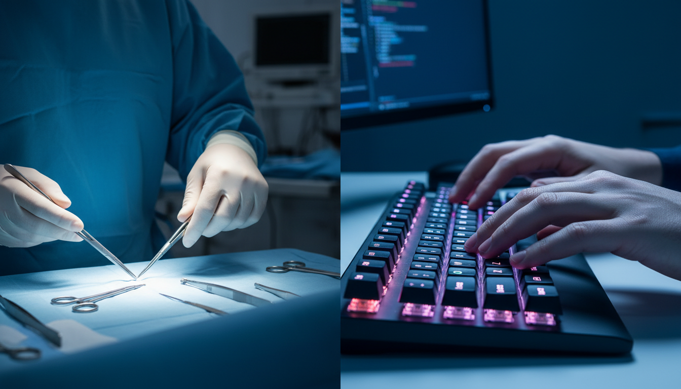 Composición dividida (split screen). A la izquierda, las manos de un cirujano manipulando instrumental con precisión. A la derecha, las manos de una persona escribiendo en un teclado mecánico moderno con la misma iluminación y estética. Ambas imágenes comparten una atmósfera de flujo y concentración total. Realismo 8k.