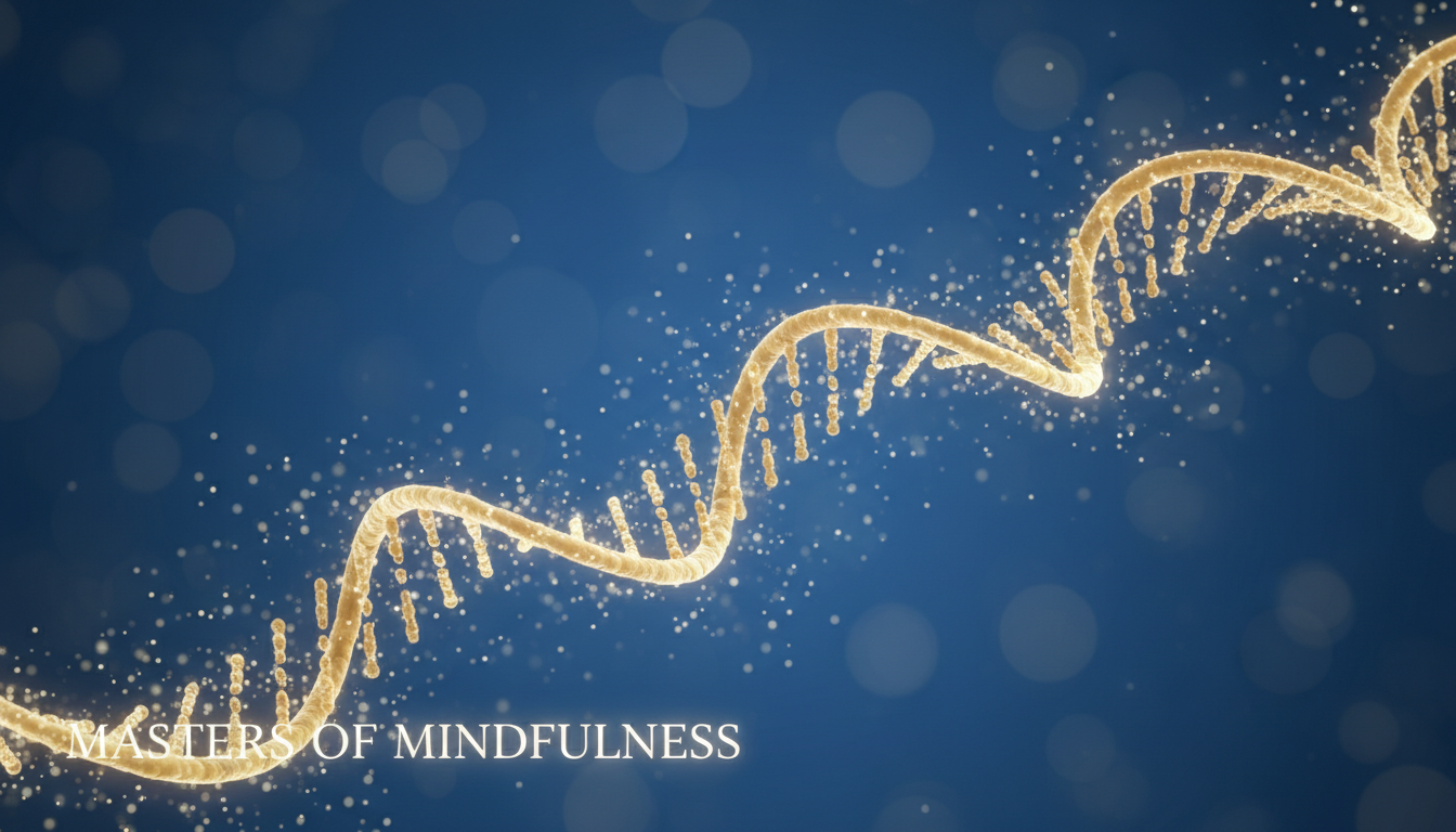 Un gráfico 3D estilizado que muestra una doble hélice de ADN desenrollándose suavemente bajo una luz cálida. Pequeñas partículas de luz (representando fotones o energía ATP) fluyen alrededor de la estructura genética, simbolizando la activación positiva de genes a través de la calma mental. Fondo azul oscuro clínico pero sereno.