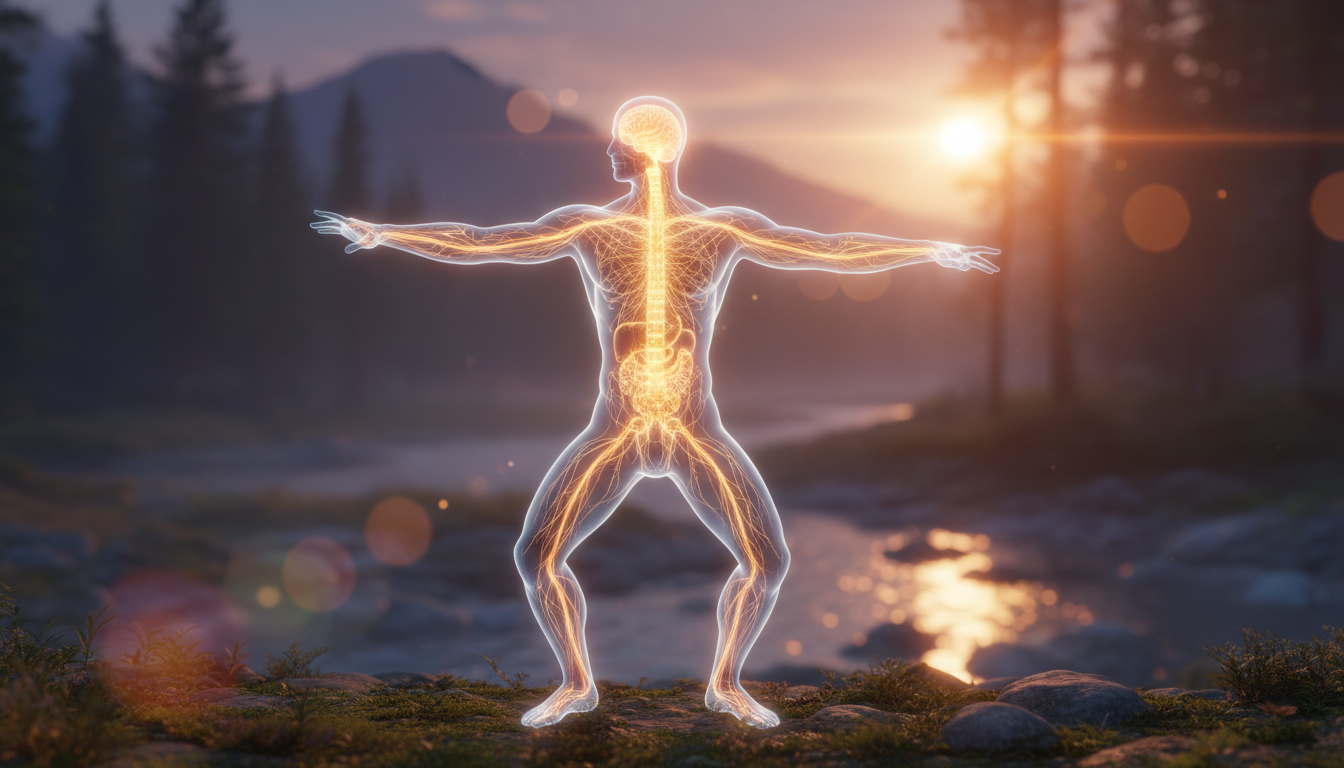 Una silueta humana translúcida realizando un movimiento suave de Tai Chi o Chi Kung en un entorno natural al atardecer. Dentro de la silueta, se visualiza el sistema nervioso iluminado como una red de fibra óptica dorada, conectando el cerebro con el resto del cuerpo, sugiriendo flujo de energía y conexión mente-cuerpo.