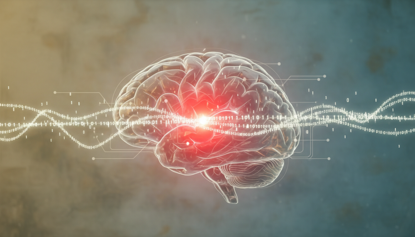 Ilustración de un cerebro humano donde la amígdala brilla intensamente en rojo, con datos binarios flotando alrededor