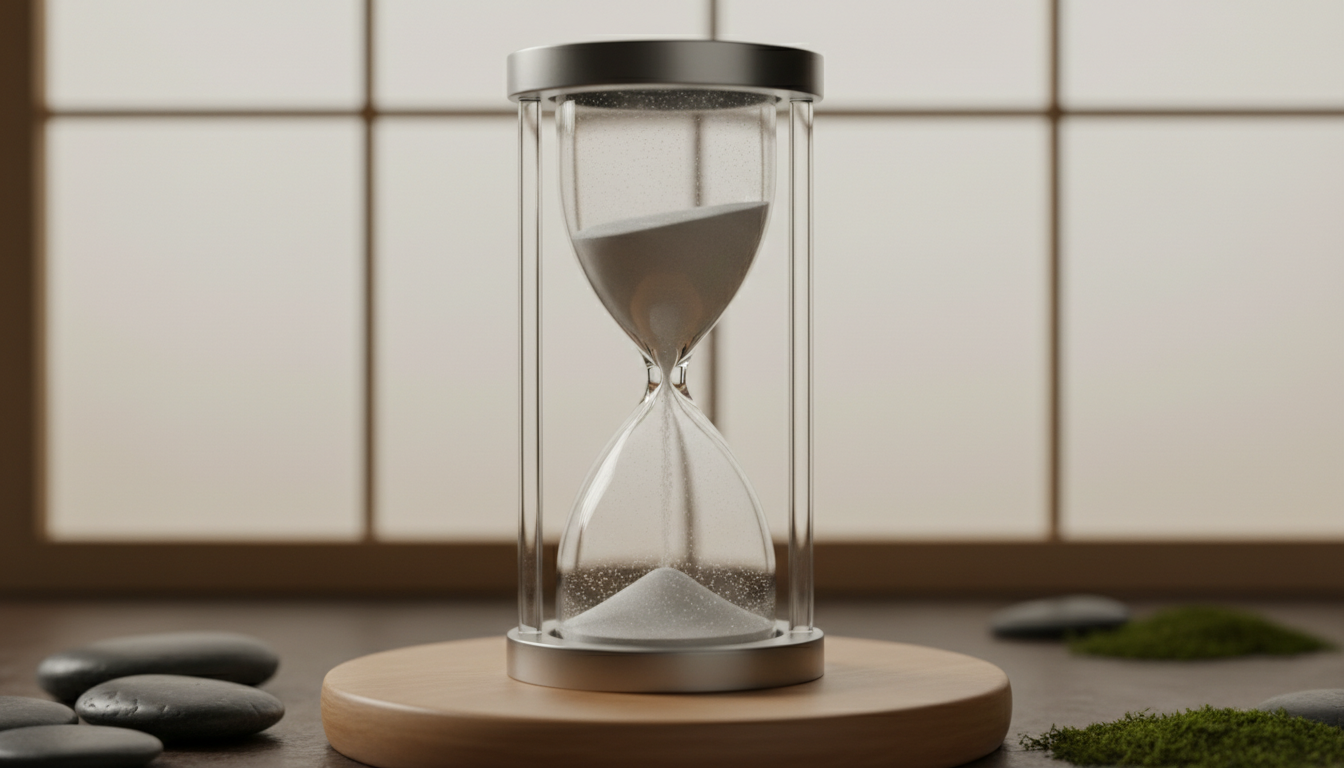 Un reloj de arena moderno donde la arena fluye hacia arriba, simbolizando una pausa en el tiempo