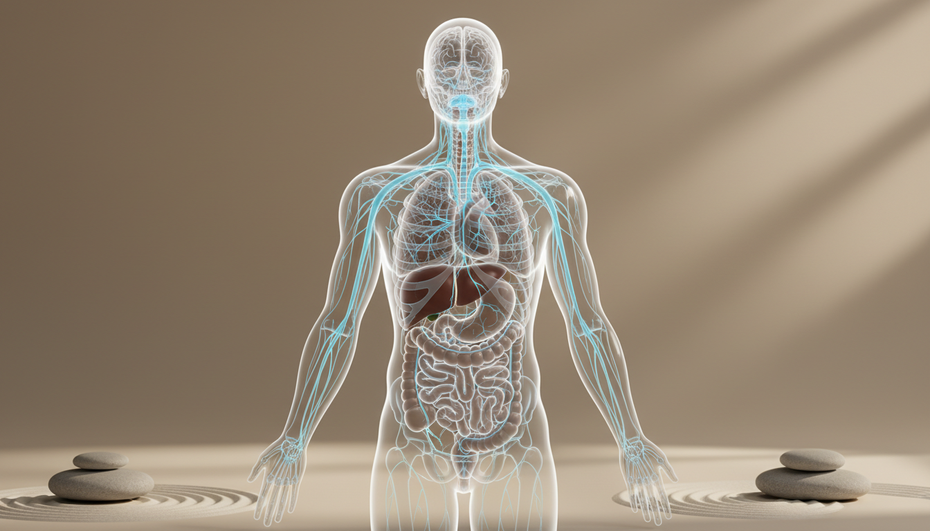 Un esquema del cuerpo humano mostrando el recorrido del nervio vago iluminado en azul suave