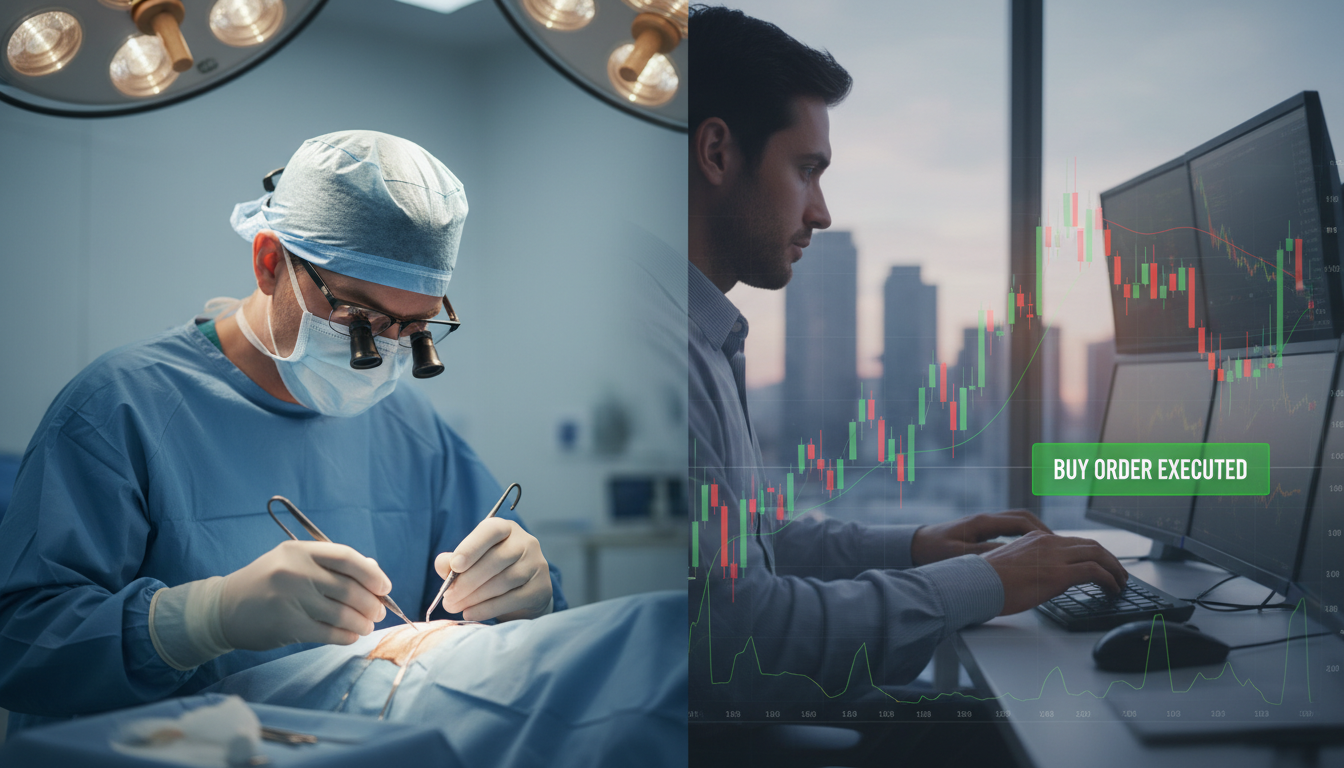 Un cirujano operando con precisión milimétrica superpuesto a un trader ejecutando una orden