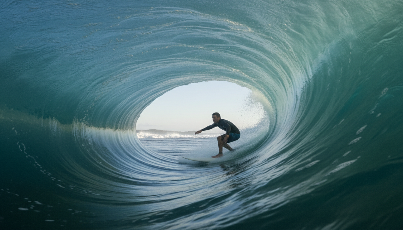 Un surfista dentro de un tubo de ola gigante, el agua forma un túnel perfecto a su alrededor, transmitiendo velocidad y aislamiento del exterior.