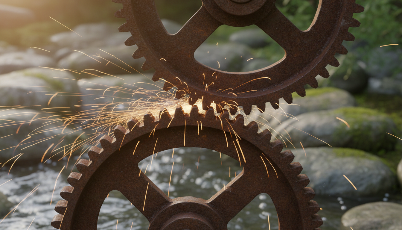 Engranajes oxidados y pesados intentando girar, con chispas saltando por la fricción del movimiento forzado.