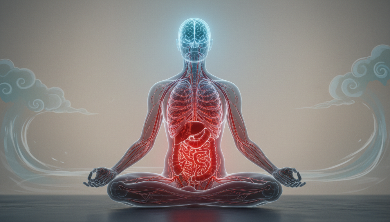 Ilustración médica abstracta de una silueta humana con el sistema nervioso iluminado en rojo intenso en el pecho y estómago, volviéndose azul calmado hacia la cabeza