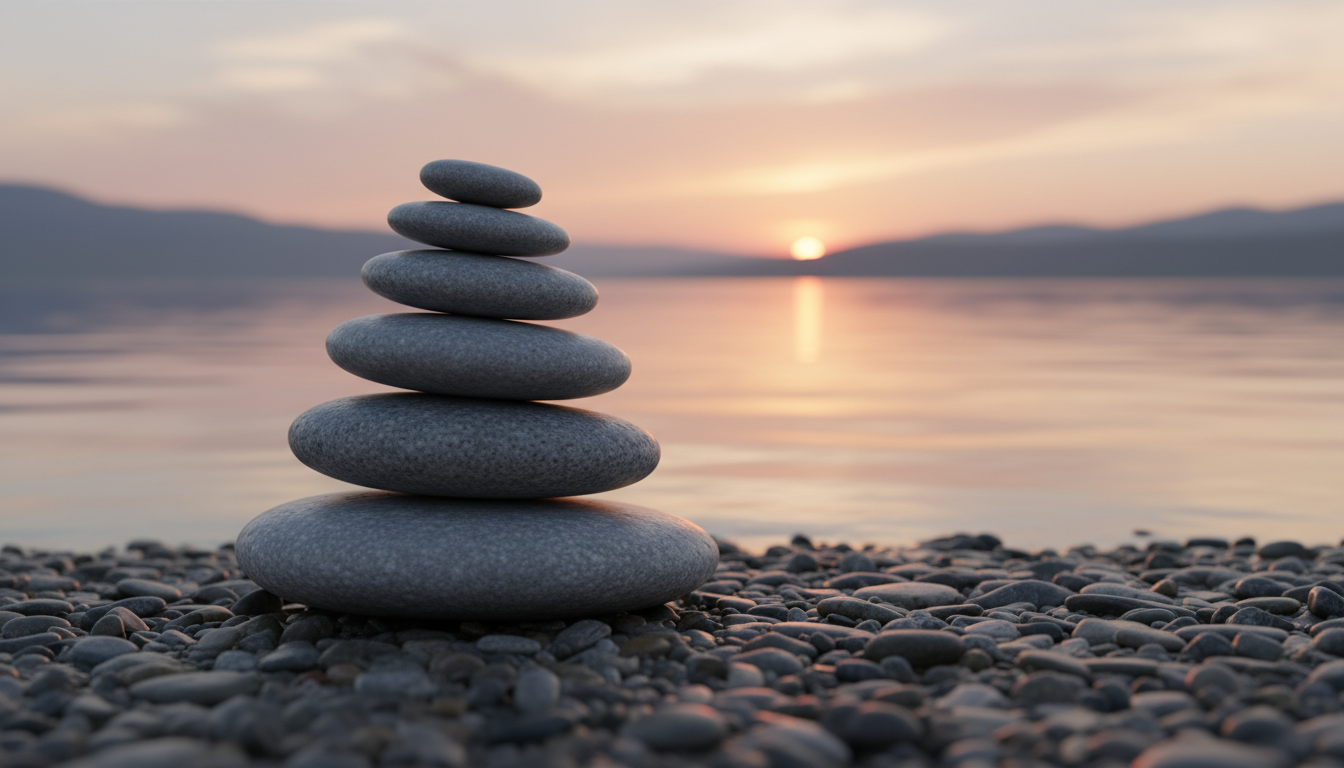 Cinco piedras de río perfectamente equilibradas una sobre otra en la orilla de un lago en calma al atardecer