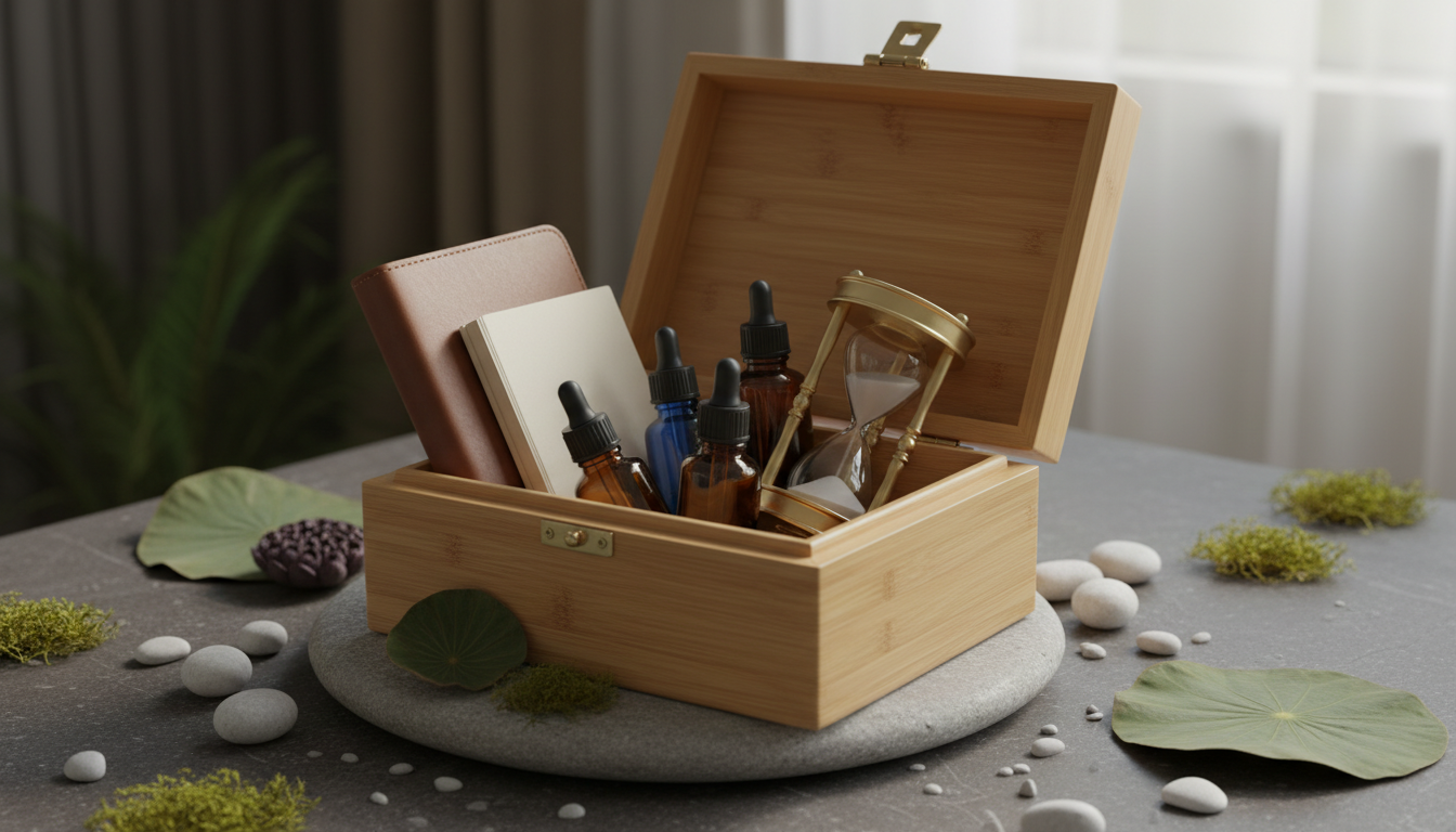 Un kit de primeros auxilios conceptual abierto que contiene un diario, aceites esenciales y un reloj de arena