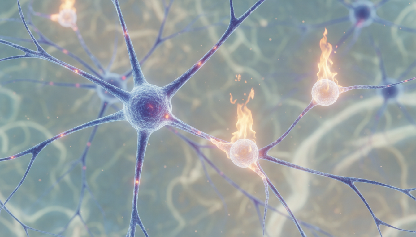 Primer plano artístico y microscópico de neuronas disparando señales eléctricas que se transforman en pequeñas llamas químicas al contactar con células inmunitarias.