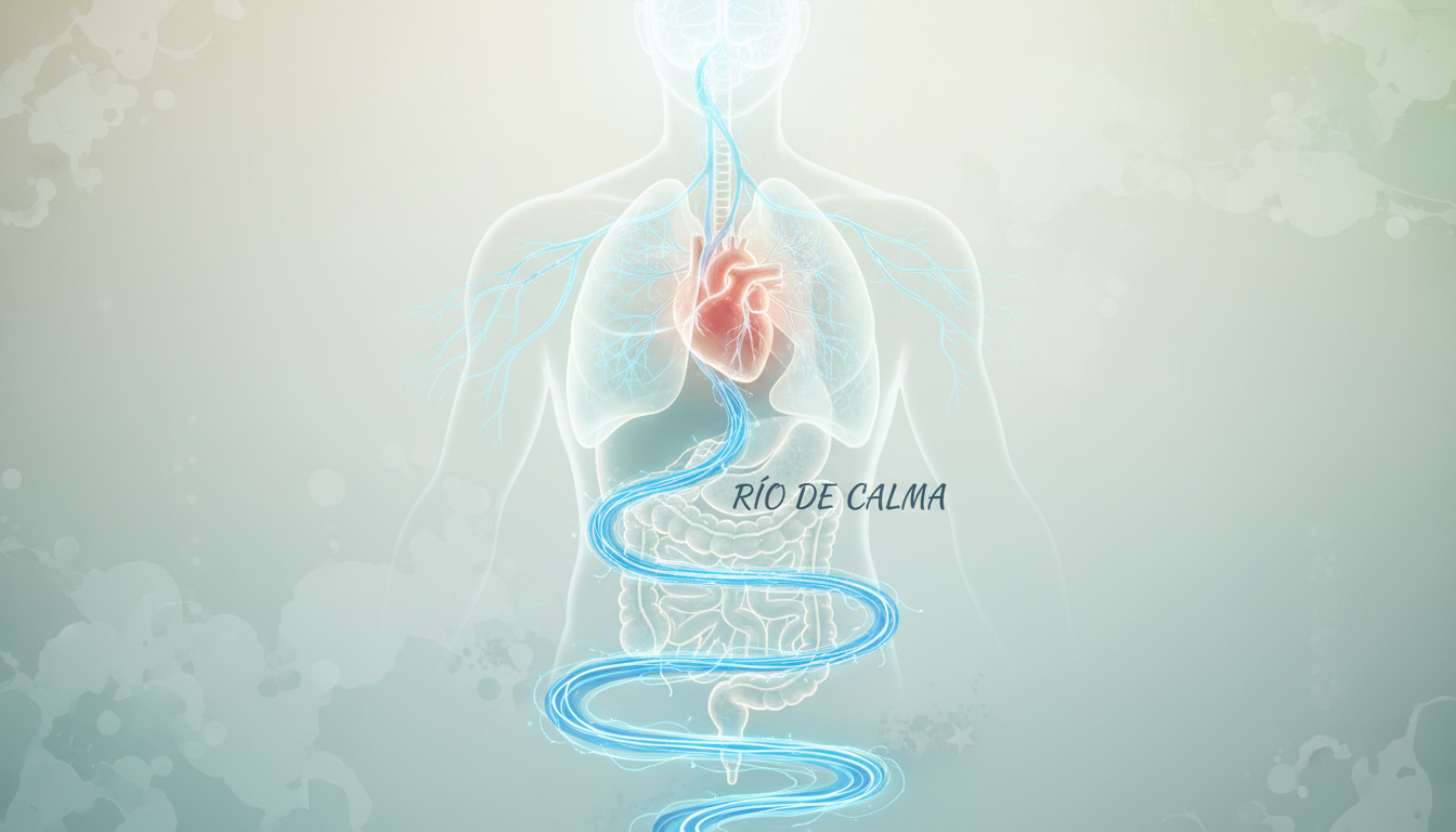 Una ilustración anatómica estilizada del nervio vago iluminado en azul eléctrico, conectando el tronco cerebral con el corazón, los pulmones y el intestino, actuando como un
