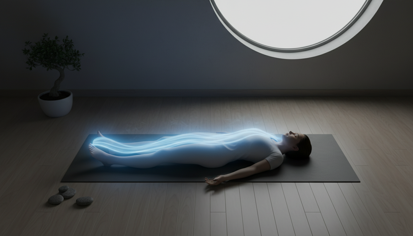 Una fotografía cenital de una persona tumbada en el suelo sobre una esterilla de yoga, en una habitación con luz tenue, practicando un escaneo corporal con visualización de luz azul recorriendo su cuerpo.