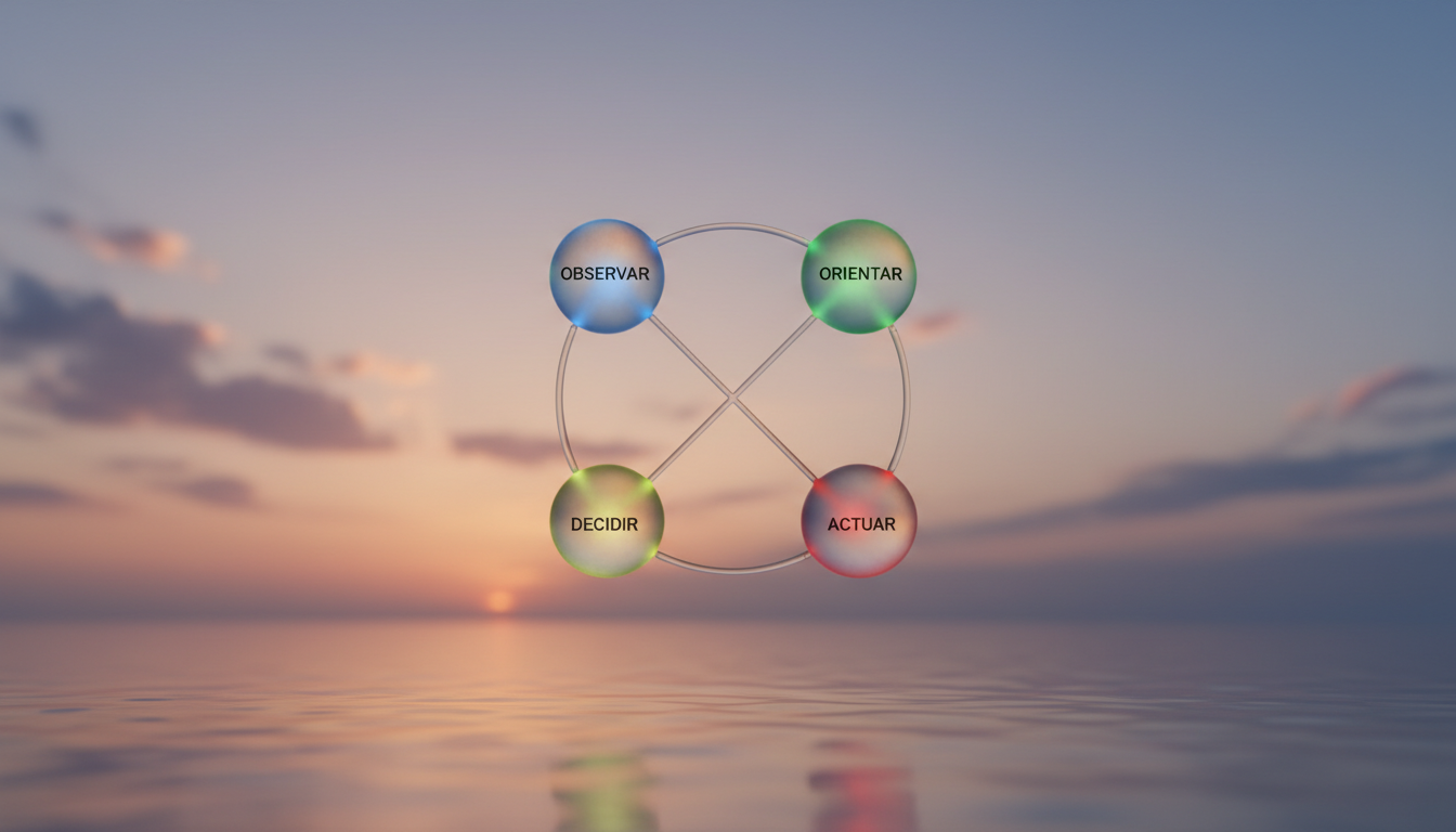 Diagrama circular minimalista flotando en el aire, con cuatro nodos brillantes conectados: Observar, Orientar, Decidir, Actuar, sobre un fondo de cielo crepuscular