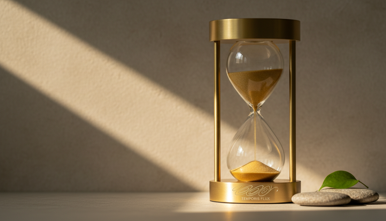 Un reloj de arena moderno con arena dorada cayendo lentamente, iluminado por un rayo de sol lateral, simbolizando el control del tiempo subjetivo