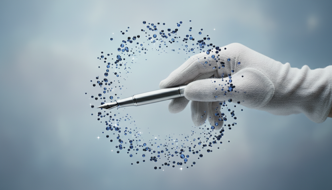 Una mano enguantada sosteniendo una pluma estilográfica que flota en gravedad cero, con gotas de tinta suspendidas alrededor, evocando calma absoluta