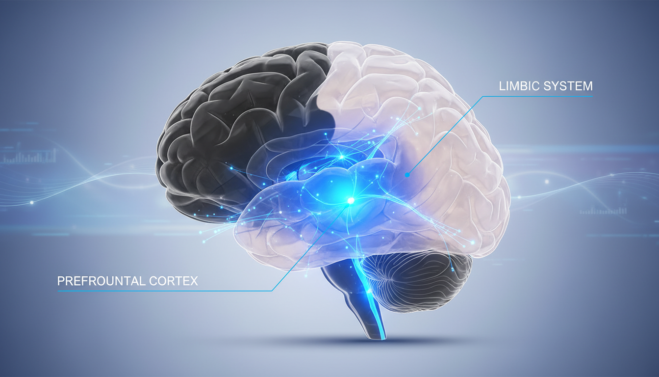 Sección transversal de un cerebro humano brillante donde la corteza prefrontal se oscurece mientras el sistema límbico brilla en azul eléctrico, estilo infografía médica futurista.