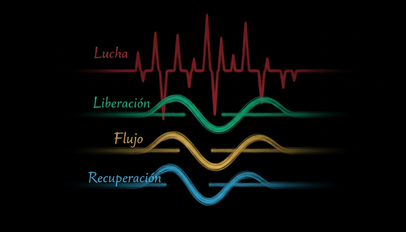 Diagrama de ondas sinusoidales que muestra cuatro fases: Lucha (rojo), Liberación (verde), Flujo (dorado) y Recuperación (azul), sobre fondo negro minimalista.