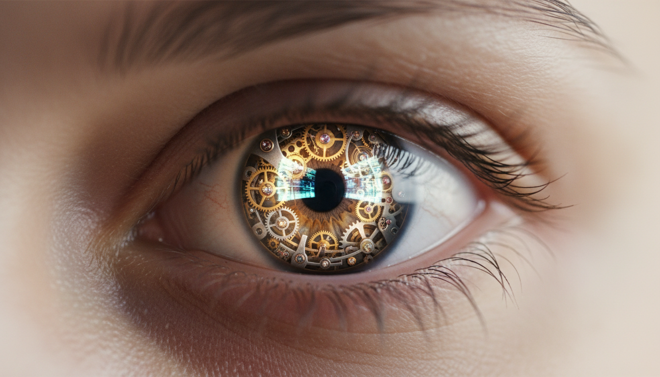 Primer plano macro de un ojo humano donde el iris es un mecanismo de reloj complejo y brillante, reflejando una tarea intensa.