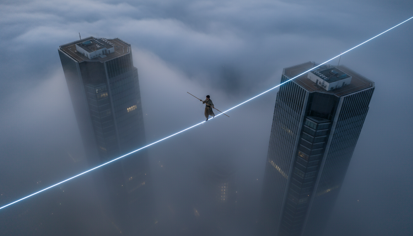 Un equilibrista caminando sobre una cuerda floja hecha de luz láser entre dos rascacielos en la niebla, vista picada.