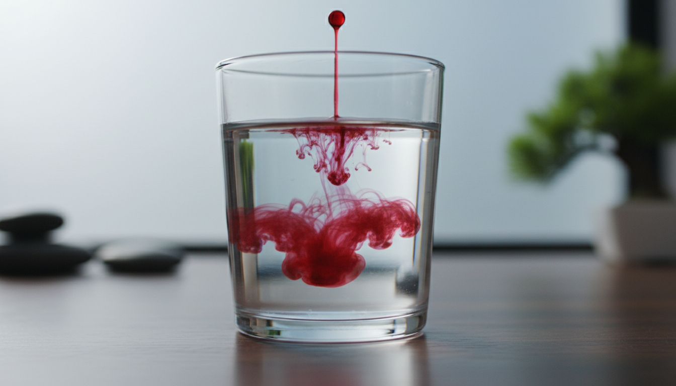 Un vaso de agua cristalina recibiendo una gota de tinta roja que se dispersa lentamente, representando la ira difundiéndose sin control.