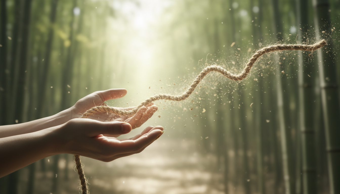 Dos manos abiertas soltando una cuerda tensa que se deshace suavemente en el aire, simbolizando la liberación del apego.