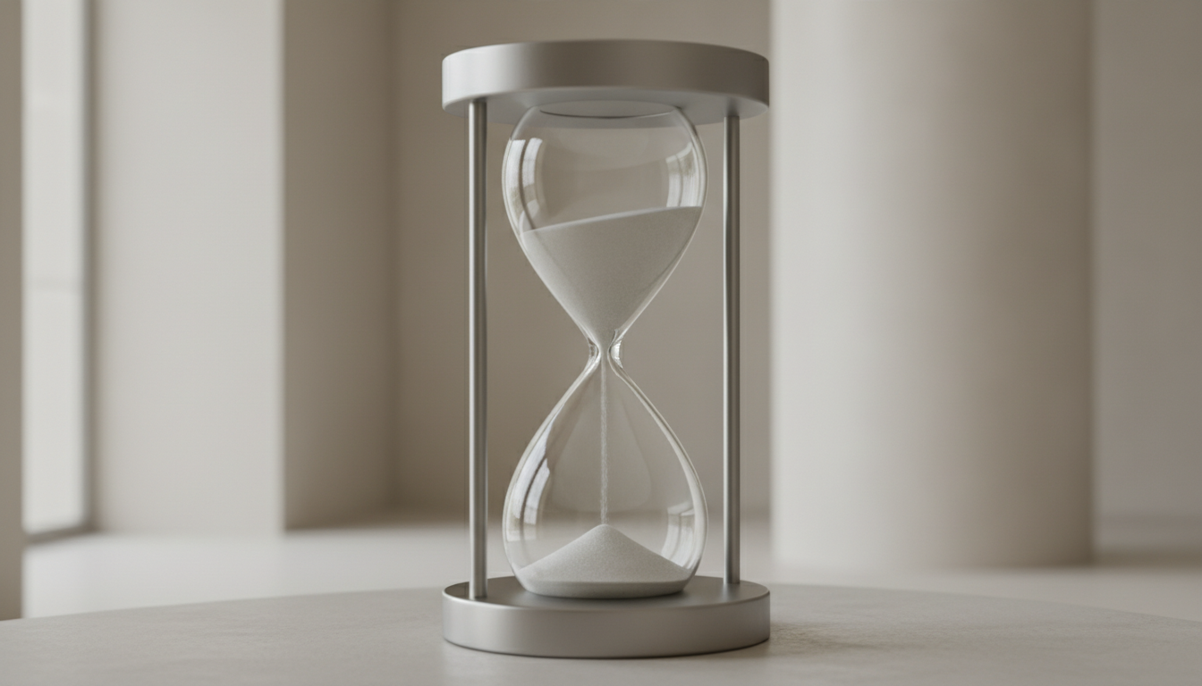 Primer plano de un reloj de arena moderno donde la arena se ha detenido, capturando el concepto de pausar el tiempo.