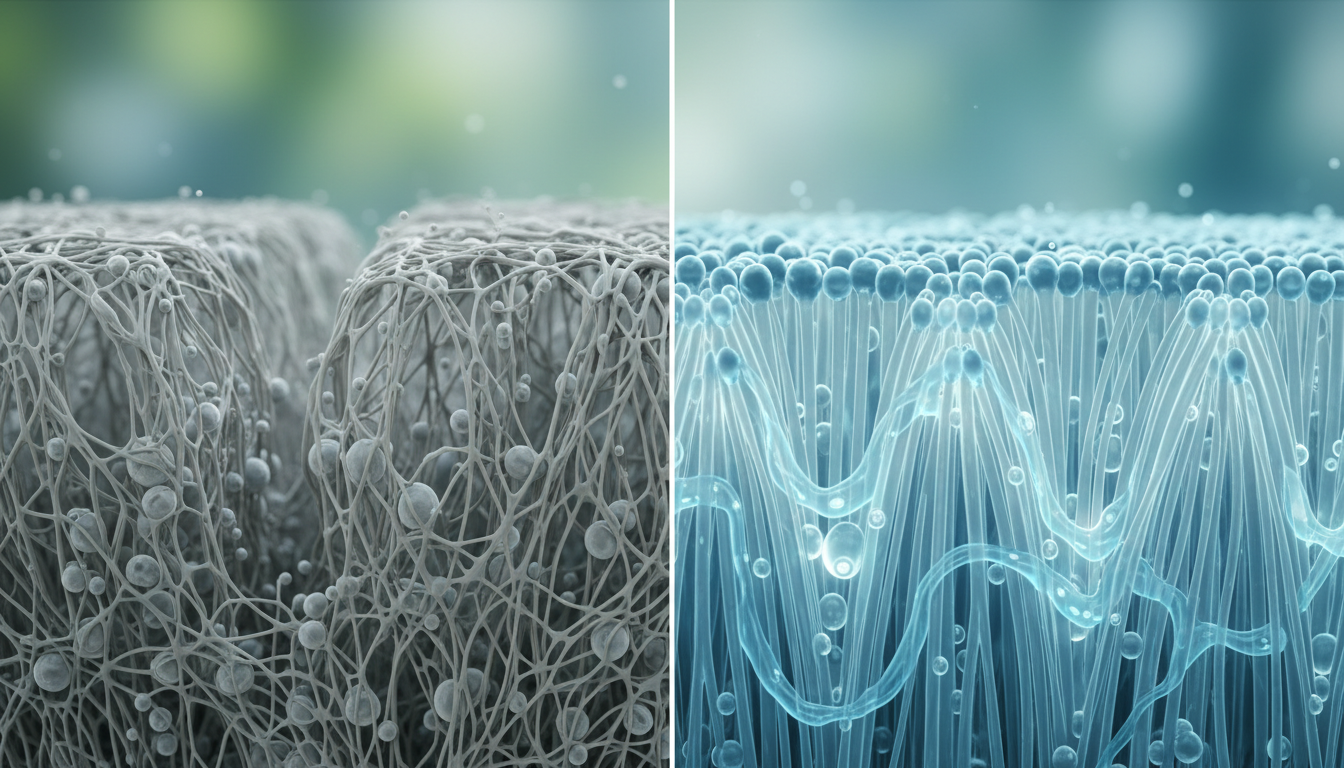Ilustración médica transversal estilizada que muestra dos estados de la fascia: a la izquierda, fibras secas, enredadas y grisáceas (trauma/estrés); a la derecha, fibras ordenadas, luminosas y rodeadas de fluido azul brillante (hidratadas/sanas).
