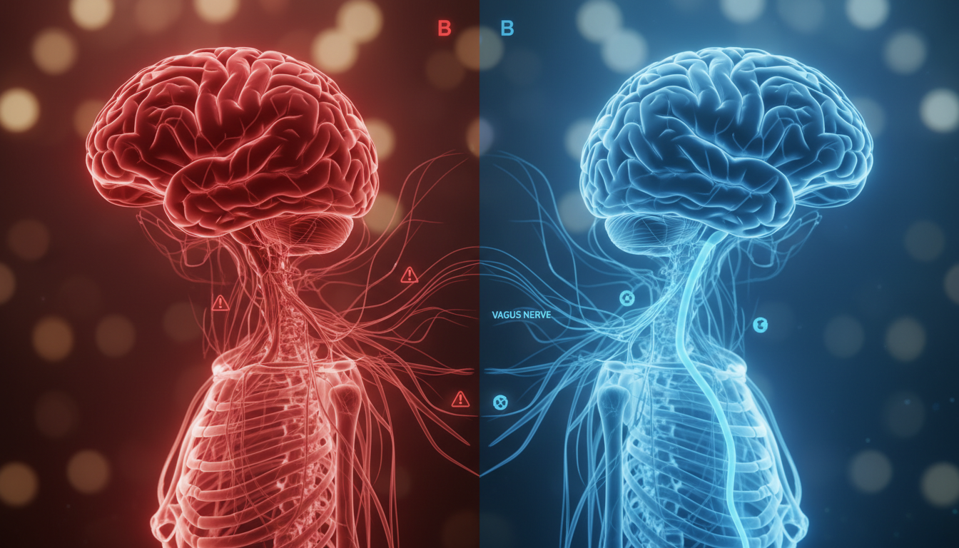 Gráfico dual conceptual. Lado A: Cerebro en rojo conectado a una red corporal rígida (señal de alerta). Lado B: Cerebro en azul calma conectado a una red corporal fluida y ondulada (señal de seguridad), destacando el nervio vago.
